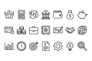 Para, bankacılık, yatırım ve strateji gibi çeşitli iş ve finans kavramlarını temsil eden el çizimi taslak stil simgelerinin bir koleksiyonu, beyaz bir arkaplanda izole edilmiş..