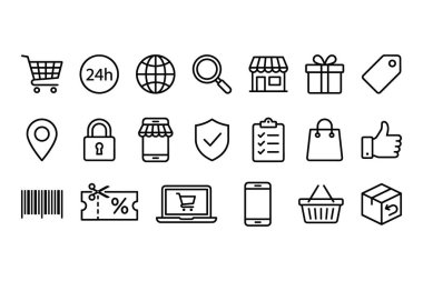 E-ticaret siteleri ve mobil uygulamalar için vektör ana hatları ikonları koleksiyonu. Beyaz arka planda el arabası, teslimat, ödeme, güvenlik ve müşteri desteği sembolleri içerir.
