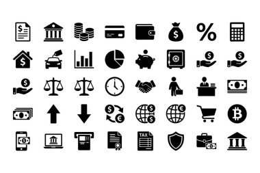 Finans, bankacılık, ticaret ve e-ticaret alanlarındaki anahtar kavramları temsil eden çok yönlü siyah simgelerden oluşan bir koleksiyon. Para, yatırım, ödeme ve güvenlik sembollerini içerir.