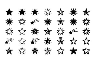 Çeşitli el çizimi yıldız simgelerinden oluşan büyük bir koleksiyon. Beyaz arka planda yıldızların, parıltıların ve kayan yıldızların siyah beyaz karalama stili çizimleri.
