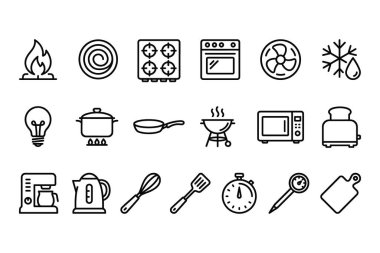 Mutfak aletleri, fırınlar, mikrodalgalar, tencereler, tavalar ve çatal bıçaklar gibi çeşitli yemek yapma yöntemlerini temsil eden basit siyah çizgi simgelerinden oluşan bir koleksiyon..