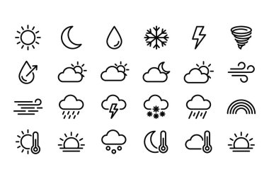 Güneş, yağmur, kar ve fırtına gibi çeşitli meteorolojik koşulları temsil eden, beyaz bir zemin üzerinde izole edilmiş, minimalist siyah çizgili hava durumu ikonları..