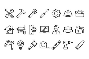 Aletleri, tamir hizmetlerini ve bakım hizmetlerini temsil eden çeşitli çizgi sanat simgelerinin bir koleksiyonu. Çekiç, ingiliz anahtarı, tornavida ve ev, araba ve teknik onarım sembolleri içerir..
