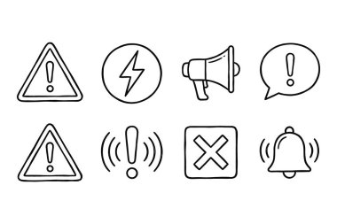 Baştan savma uyarı sembollerinin vektör çizimi uyarı üçgeni yıldırımlı megafon konuşma balonu zil ve kapatma simgeleri içerir