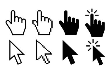 Sekiz bilgisayar fare imleç simgesinden oluşan bir koleksiyon. Bu küme ana hatlar, pikseller, katı ve tıklama veya aktif durumlardaki el ve ok işaretçilerini içerir. Beyaz bir arkaplanda izole edilmiş.