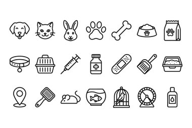 Köpekler, kediler ve tavşanlar gibi ev hayvanlarının yanı sıra yiyecek, oyuncak, tımar aletleri ve veterinerlik malzemeleri gibi hayvan bakım ürünlerini temsil eden basit taslak simgelerinden oluşan bir derleme..