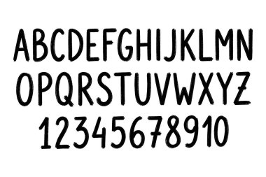 İngiliz alfabesindeki harfler ve rakamlar 1 'den 10' a kadar tam bir el çizimi. Tasarım projeleri için basit, cesur ve yuvarlak yazı tipi.
