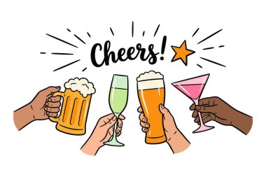 Bira, şampanya ve bir kokteyl içen çeşitli ellerin el çizimi tasviri. Cheers kelimesi yukarıda bir kutlama tasarımıyla yazılmıştır..