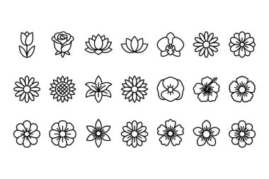 21 basit siyah beyaz çiçek ikonu seti. Logolar, web tasarımı veya dekoratif unsurlar için gül, lale, nilüfer, papatya ve orkide gibi minimalist çizgiler içerir..