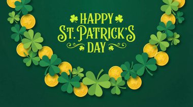 Koyu yeşil arka planda yeşil yoncalar ve altın sikkelerin yer aldığı şenlikli bir Aziz Patrick Günü çelengi, İrlanda mirasını ve iyi şansı kutluyor..