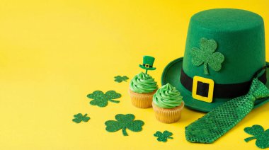 Canlı bir Aziz Patrick Günü kutlaması sahnesi. Parlak sarı arka planda şenlikli yeşil kapkekler, leprikon bir şapka ve yonca süslemeleri..
