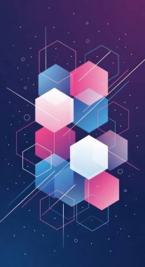 Pembe, mavi ve beyaz renkte şeffaf altıgenlerin birleşiminden oluşan canlı bir soyut arkaplan, ince dijital çizgiler ve noktalarla birbirine bağlanarak geleceksel ve teknolojik bir estetik yaratıyor..