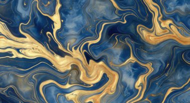Lüks ve soyut bir arka plan. Derin mavi ve parıldayan altın mermer dokuların büyüleyici bir karışımı. Sıvı ve sanatsal bir desen oluşturuyor..