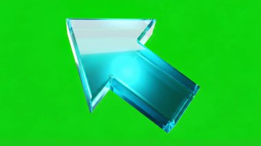 Parlak, şeffaf bir 3D cam ok imleci, dijital projelerde üst üste konmak için ideal olan canlı yeşil ekrana karşı çapraz olarak yukarı ve sola işaret eder..