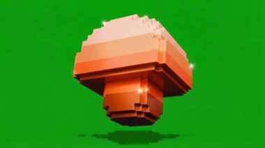 Canlı bir 3 boyutlu pikselli sanat mantarı, klasik video oyunlarını anımsatıyor, parlak yeşil bir ekran üzerinde dönüyor ve yüzüyor, krom anahtarlama için mükemmel ve herhangi bir projeye nostaljik, oyuncu bir dokunuş ekliyor.