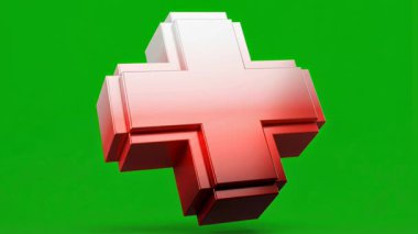 Canlı bir 3D kırmızı haç sembolü, tıbbi, sağlık, ilk yardım ve acil servisle ilgili projeler için ideal yeşil ekran üzerinde döner.