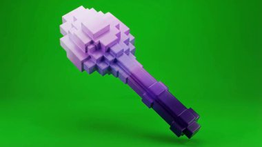 Açık pembeden koyu mora dönüşen, canlı yeşil bir arkaplan üzerine kurulmuş, pikselli bir anahtar içeren görsel olarak çarpıcı bir 3D canlandırma..