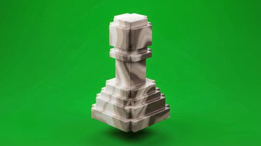 Görsel olarak çarpıcı bir 3 boyutlu satranç taşı, muhtemelen bir kale ya da kraliçe, eşsiz, dokulu bir tasarıma sahip, canlı yeşil ekran arka planına karşı ayarlanmış, çeşitli yaratıcı projeler için çok yönlülük sunan.