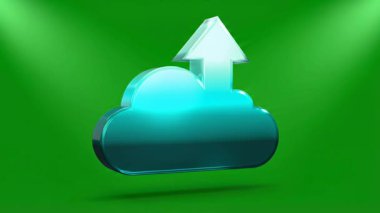 Yükselen ok ve veri yükleme ve bulut depolamayı sembolize eden parıldayan mavi bir bulut simgesinin canlandırması, parlak yeşil bir arka plana karşı hafif spot ışıklarıyla kurulmuş.