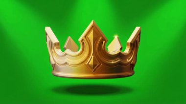 Görkemli bir altın taç, çarpıcı bir spot ışığı etkisiyle geliştirilmiş canlı yeşil ekran arka planına çarpıcı bir şekilde sergilenir..