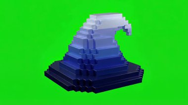 Büyücü şapkasına ya da stilize bir okyanus dalgasına benzeyen pikselleştirilmiş bir mavi dalga animasyonu canlı yeşil ekran arka planına doğru dinamik bir şekilde hareket eder..