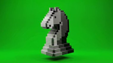 Modern dijital sanat tarzında yapılmış çarpıcı pikselli bir satranç şövalyesi canlı yeşil bir ekrana karşı yüzüyor. Oyun, strateji ve soyut teknoloji temaları için mükemmel..