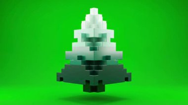 Şekil verilmiş, pikselleştirilmiş bir Noel ağacı canlı yeşil bir ekrana karşı zarafetle döner. Tatil temalı projeler ve dijital sanat için mükemmeldir..