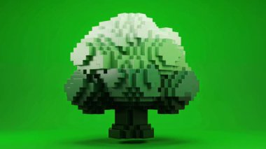 Pikselleştirilmiş bir ağaç canlı yeşil bir zemin üzerinde duruyor, doğa ve dijital sanatın eşsiz bir karışımını sergiliyor..