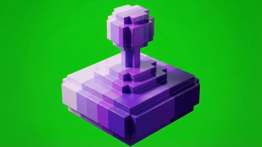 Mor tonlarda yapılmış canlı bir pikselli sanat joystick, oyun, retro temalar ve nostaljik içerik için mükemmel bir yeşil ekran arka planına karşı duruyor..