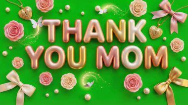 Zarif pembe güller, zarif fiyonklar ve ışıltılı aksanlar ile çevrili parlak, metalik pembe harflerle 