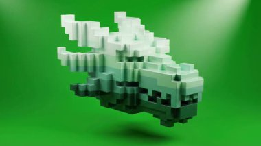 Canlı yeşil bir ekrana karşı yüzen, sesli sanata dönüştürülmüş biçimlendirilmiş bir ejderha kafası oyun, fantezi ya da dijital sanat projeleri için mükemmel..