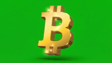 Işıldayan altın bir Bitcoin sembolü canlı yeşil ekran arkaplanı üzerinde zarif bir şekilde döner, kripto para, finans ve teknolojiyle ilgili projeler için mükemmeldir..