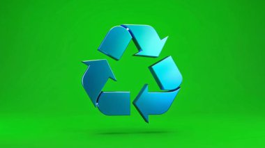 A vibrant blue recycling symbol rotates against a bright green background, representing environmental sustainability, eco-friendly practices, and the importance of reducing waste for a healthier plan.