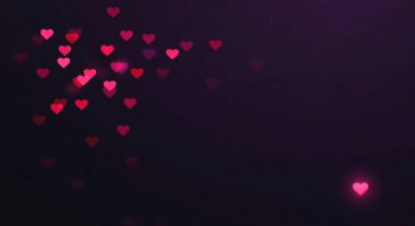 Çok güzel, soyut bir arka plan. İçinde çok sayıda pembe kalp şeklindeki bokeh ışıkları var. Karanlık, gizemli bir zemin boyunca yayılmış romantik ve rüya gibi bir atmosfer yaratıyor..