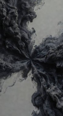 Büyüleyici siyah ve mor mürekkep lekeleri berrak suda genişleyip birleşerek büyüleyici bir görsel akışla karmaşık, simetrik ve soyut bir tasarım oluşturur..