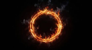 Canlı turuncu ve sarı alevlerden oluşan büyüleyici dairesel bir halka, duman ve kıvılcımlar saçar, katıksız siyah bir arka plana karşı, dramatik ve güçlü bir görsel etki yaratır..