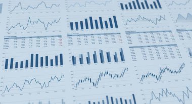 Piyasa eğilimlerini, hisse senedi performansını ve ekonomik verileri, iş ve finans kavramları için idealleri gösteren çeşitli finansal tablolar ve grafiklerin yakın plan görüntüsü.