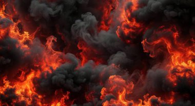 Canlı turuncu ve kırmızı alevlerin yoğun ve dramatik bir şekilde birbirine dolanarak güçlü ve yıkıcı bir görüntü oluşturduğu bir patlamanın yakın çekimi..