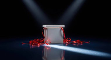 Canlı kırmızı kurdelelerle süslenmiş el değmemiş beyaz bir hediye kutusunun büyüleyici bir görüntüsü, yukarıdan iki ışık ve aşağıdan gelen tek bir kirişle çarpıcı bir şekilde aydınlatılıyor, derin, karanlık bir arka plana karşı gizem ve beklenti havası yaratıyor..