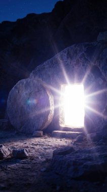 İsa 'nın boş mezarının güçlü bir görüntüsü, içinden parlak bir ışık yayılıyor, yeniden dirilişi simgeliyor ve umut ve yeni başlangıçların mesajını sunuyor..