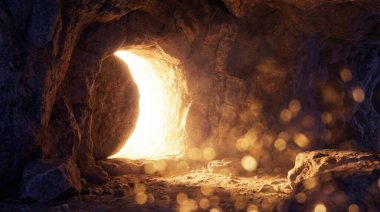 İsa 'nın boş mezarının, yeniden dirilişi ve umut vaadini simgeleyen parlak, altın bir ışıkla yıkanmış güçlü bir görüntüsü. Mağara girişi karanlık, içeriden yayılan parlak ışıkla çelişiyor..