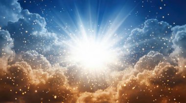 Merkezden yayılan parlak, ışıl ışıl bir ışığın yer aldığı, mavi ve turuncu tonlarında yumuşak, ruhani bulutlarla çevrili, parıldayan parçacıklarla süslenmiş nefes kesici bir gökyüzü..