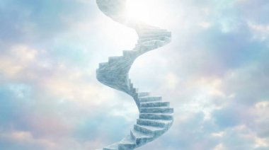 Cennetin ışığından yapılmış görkemli bir sarmal merdiven yumuşak, tüylü bulutlarla dolu huzurlu bir gökyüzünde yükselir. Tepedeki parlak ışığa doğru yol alır. Umudu ve ruhani yolculuğu simgeler..