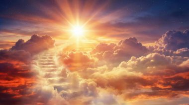 Parlak bir güneş tarafından aydınlatılan altın ve turuncu bulutlarla dolu canlı bir gökyüzünde yükselen merdiven manzarası. Bu ruhani sahne, umudu, maneviyatı ve ilahi bir yolculuğu çağrıştırıyor..