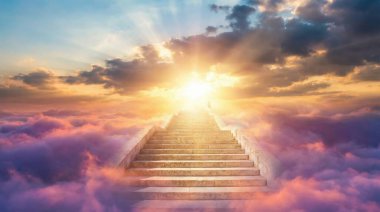 Işıl ışıl, parlak bir güneşe doğru, yumuşak, altın renkli bulutlarla dolu, parlak bir gökyüzünde yükselen büyük bir merdiven manzarası. Bu ruhani sahne, umut, maneviyat ve yükselişi çağrıştırıyor..
