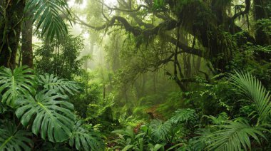 Yoğun ve canlı bir yağmur ormanı manzarası. Yoğun gölgelikleri delip geçen güneş ışığı yeşil yaprakları aydınlatıyor ve mistik bir atmosfer yaratıyor..