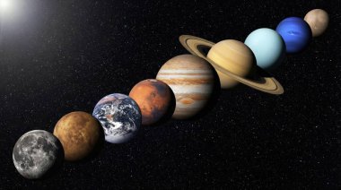 Güneş sisteminin çarpıcı bir görsel temsili, karanlık, yıldızlarla dolu bir kozmik arkaplana karşı çapraz bir sırada dizilmiş sekiz gezegeni gösteriyor. Her gezegen kendine has özelliklerini ve göreceli boyutlarını vurgulayarak belirgin bir şekilde görünür.