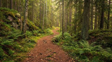 Hareketli yeşil eğrelti otları ve yosun kaplı topraklarla çevrili, yoğun bir ormanın derinliklerine doğru uzanan, benekli güneş ışığıyla yıkanmış sakin bir orman yolu..