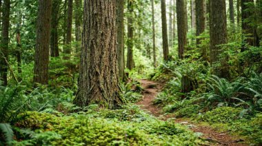 Yüksek ağaçlar ve yemyeşil yapraklar ve yosunlarla çevrili sık bir ormanlık alanda dolambaçlı dar bir toprak yolu içeren dingin ve canlı bir orman manzarası..