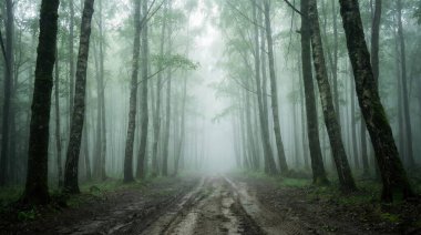 Yoğun, atmosferik bir sisle kaplanmış büyüleyici ve gizemli bir orman yolu. Sisin içinde kaybolan toprak bir yolu kaplayan ince, ince ağaçlar. Ürkütücü ve sakin bir doğal manzara yaratıyor..